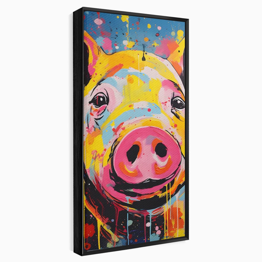 Tablou canvas cu tablou canvas portret de porc colorat, in rama de aluminiu negru